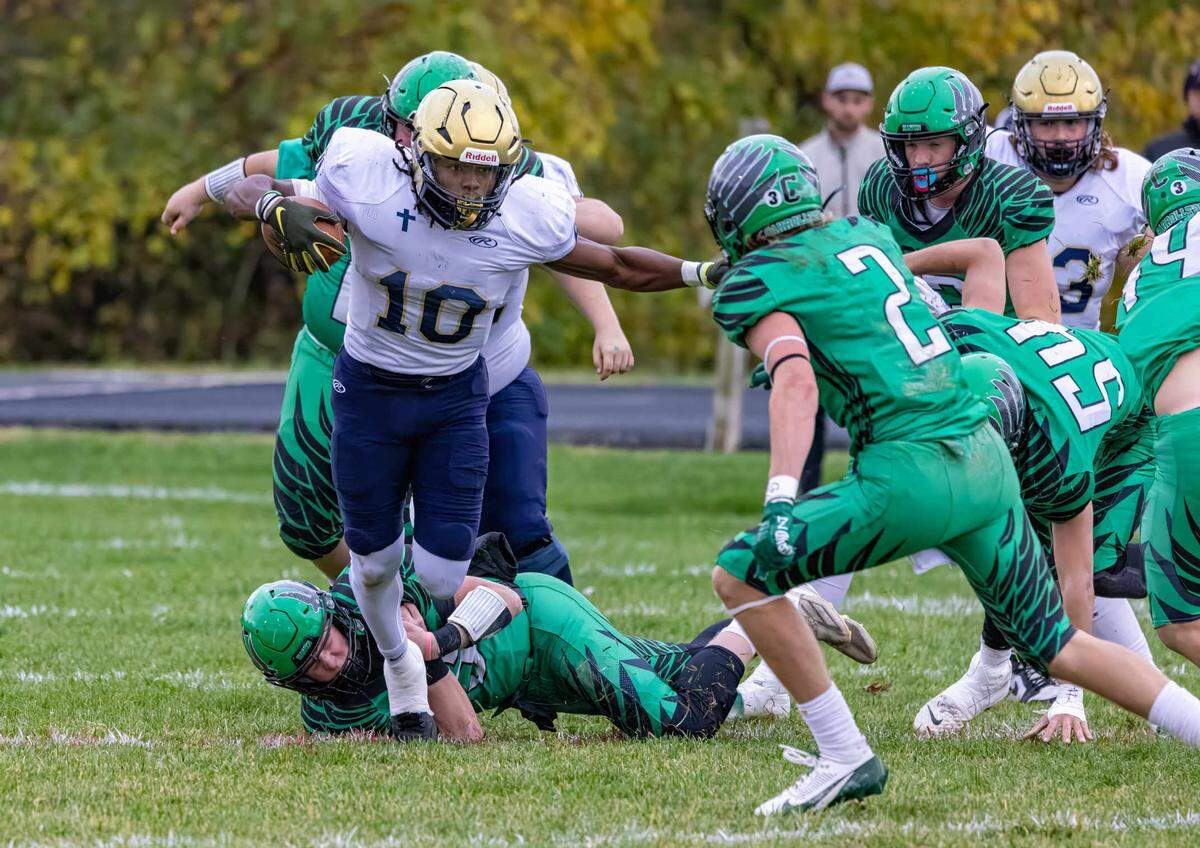 Althoff’s Dierre Hill Jr. (10) runs against Carrollton in an IHSA Class 2A second-round playoff game last fall.