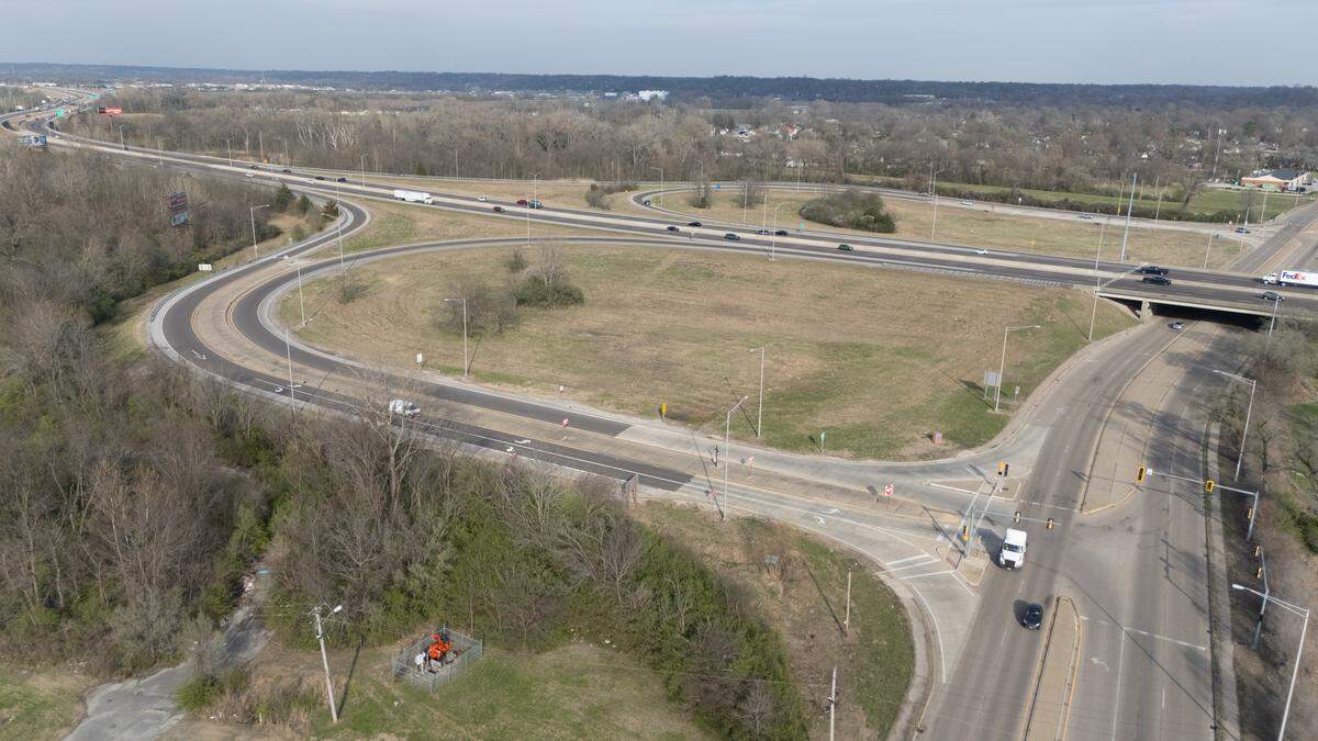 This drone photograph shows the State Street highway ramps in East St. Louis to get onto and off of Interstate 255.