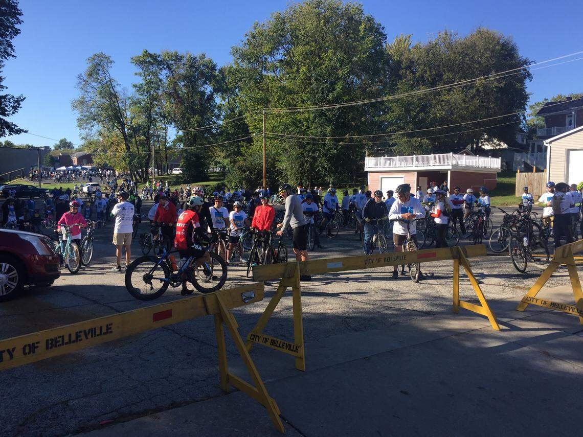 Tour de Belleville riders gather at Union United Methodist Church for the beginning of the ride Saturday morning.