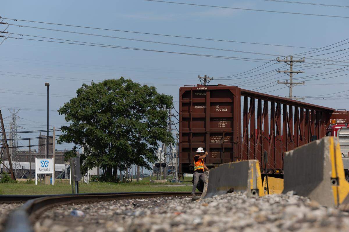 At the scene of a train derailment in Sauget, near the intersections of Monsanto Ave. and Mississippi Ave.