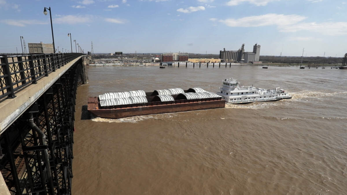 A barge approaches the Eads Bridge. The Mississippi River at the Eads Bridge was at 38.31 at 9:30 am., on Wednesday April 3. At 34 feet Leonor K. Sullivan Bouelvard begins flooding near the Eads bridge underpass. The historic flooding in 1993 crested at 49.58 feet.