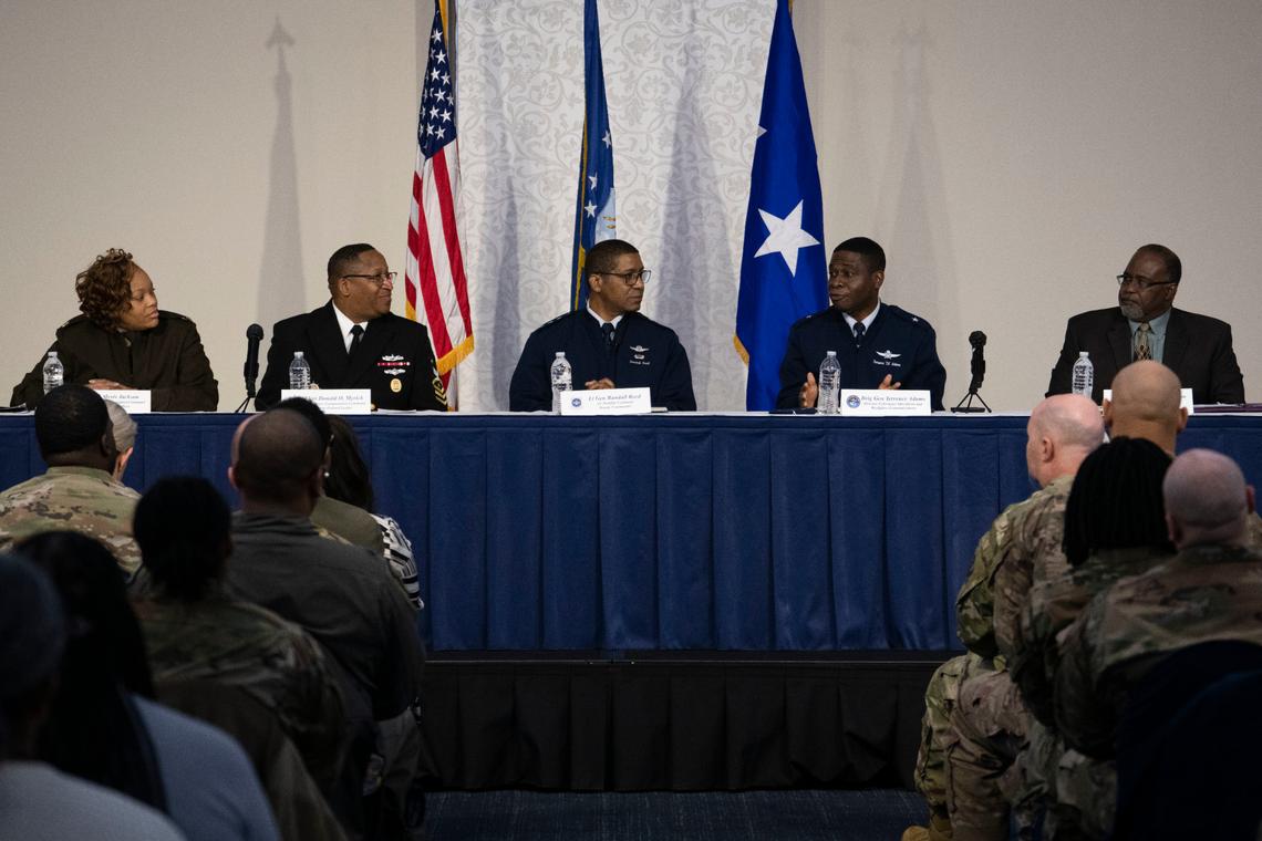 U.S. Air Force Brig. Gen. Terrence Adams, Director of Cyberspace Operations and Warfighter Communications responds to a question Feb. 24 during a joint leadership Black History Month panel on Scott Air Force Base. During the event, each of the five panelists invested in a dialogue discussing a variety of topics touching on diversity, inclusion and respect.