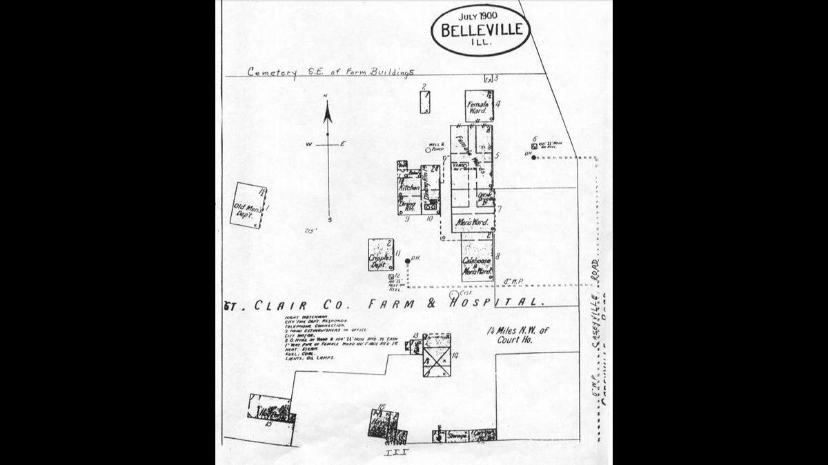 This 1900 diagram shows buildings and livestock pens at St. Clair County Farm and Hospital, also known as St. Clair County Poor Farm, in what now is the village of Swansea.