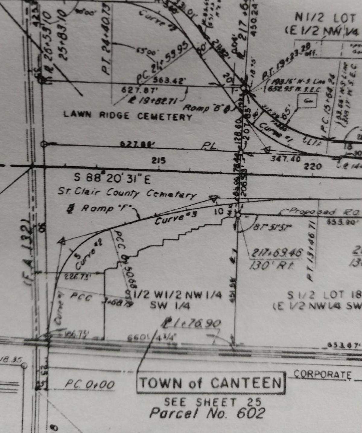This pre-Interstate 64 map shows Lake Ridge Cemetery, a predominantly Black cemetery that later became known as Douglas-Lakeridge Cemetery, and St. Clair County Cemetery for pauper’s graves in Washington Park.