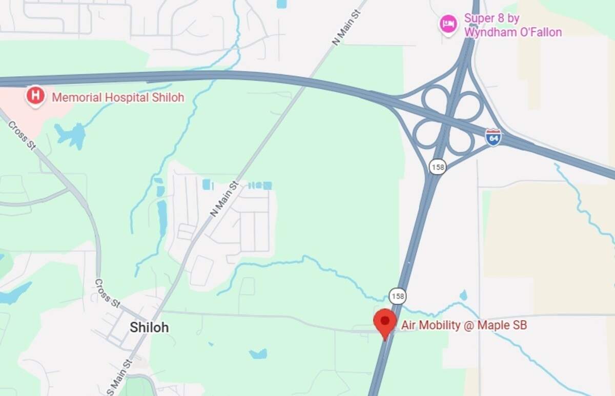 A red pin shows the location of an accident Friday morning that killed a construction worker east of Shiloh, along Illinois 158, also known as Air Mobility Drive, just south of its intersection with Maple Street.