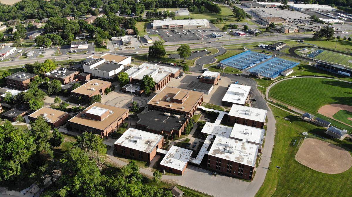 This drone photograph shows the campus of Belleville East High School in Belleville, Ill., on June 17, 2024.
