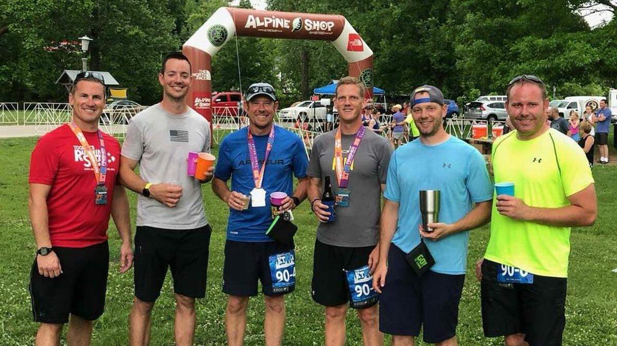 Six Highland friends are running a 24-hour relay at Dennis Rinderer Park and around the city to raise money for two area mothers battling cancer and the city’s All-Abilities Playground. From left are Jason Shup, Todd Zobrist, Corey Knebel, Ryan Goodwin, Jeff Weinacht and Ryan Dumstorff