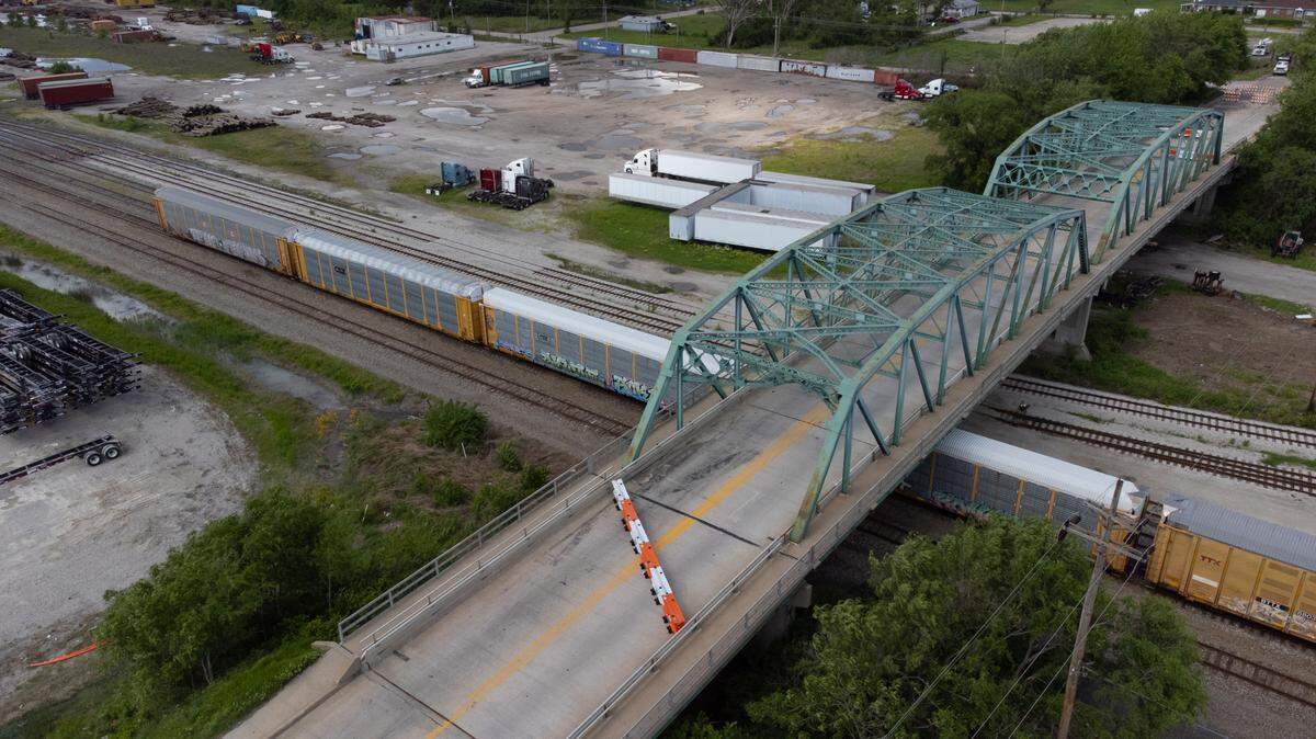 Drone photograph showing a closed-down bridge in East St. Louis on May 9, 2024. The bridge served as a quick way to navigate train traffic in the city before it was struck, and damaged by a vehicle, forcing its closure.