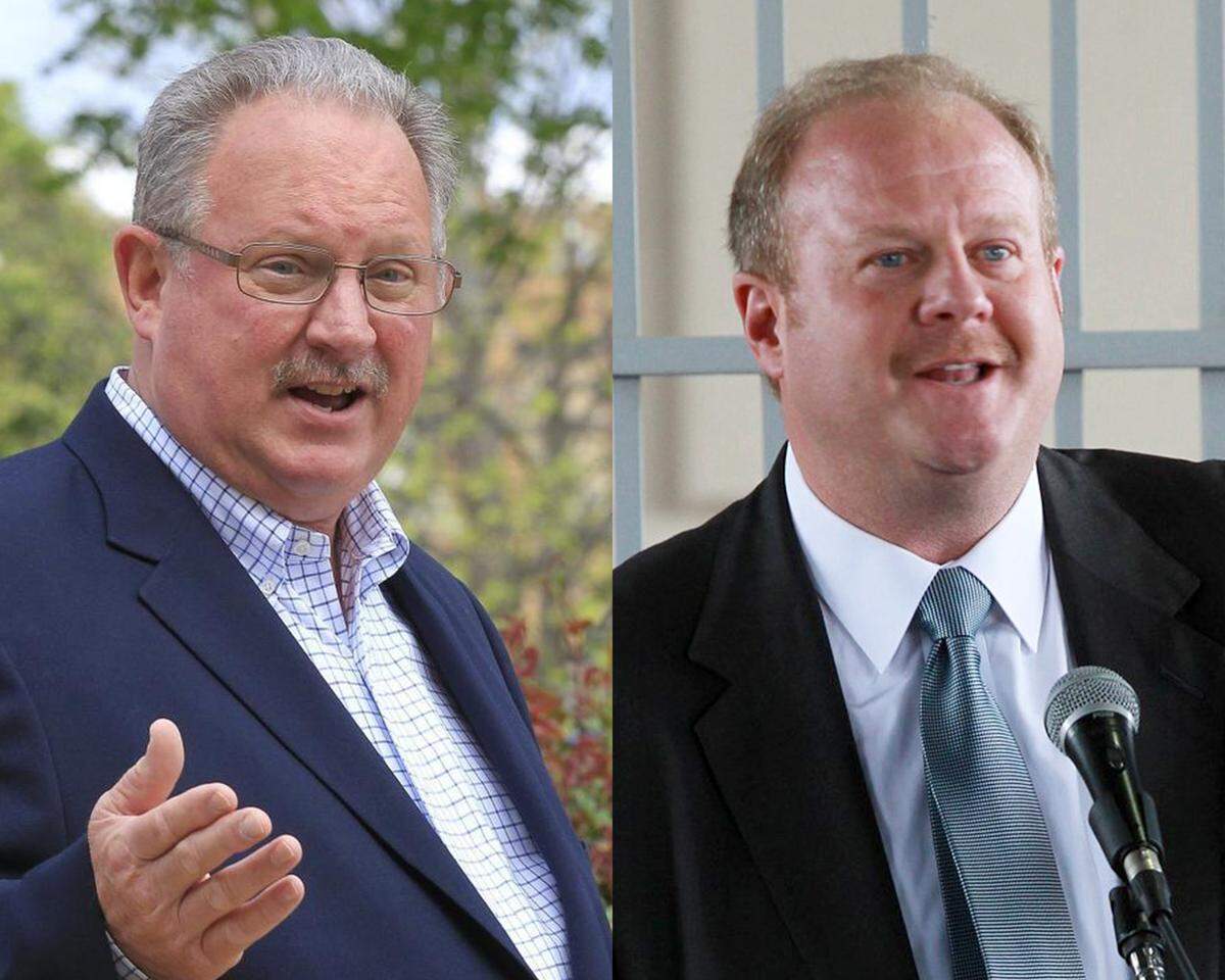 Belleville Mayor Mark Eckert, left, is supporting three City Council candidates who are running against candidates supported by St. Clair County Board Chairman Mark Kern, who is a former Belleville mayor who appointed Eckert to the mayor’s post in 2004.