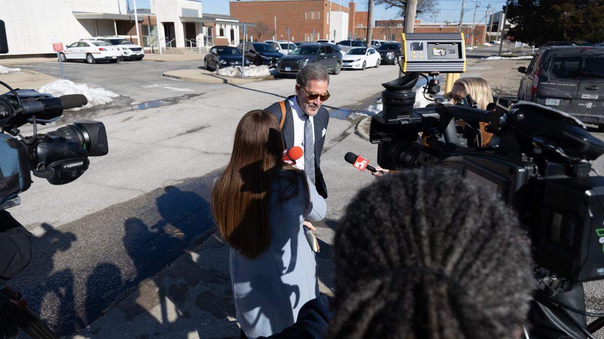 St. Louis attorney Scott Rosenblum speaks to reporters on Tuesday outside the Madison County Criminal Justice Center in Edwardsville after a first appearance for his client, Sammy J. Shafer Jr.