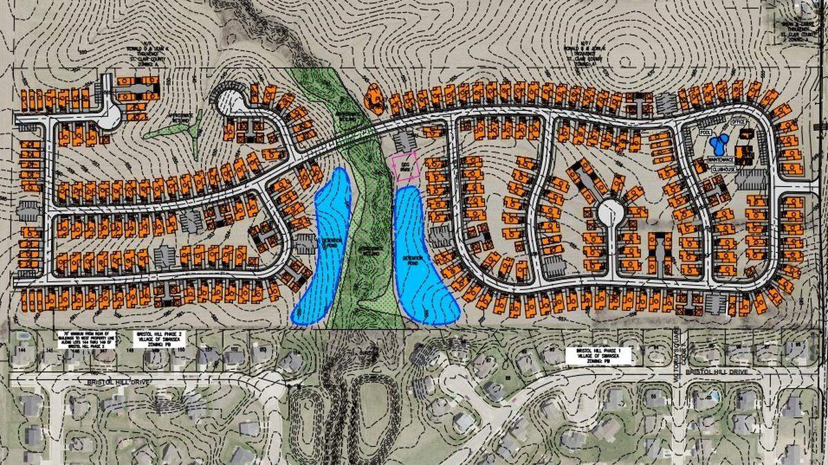 This artist’s rendering shows White Oak Commons, a proposed development of 274 homes, off Thouvenot Lane, which runs east-west but is presented vertically to the right. Swansea may annex the 49-acre property.
