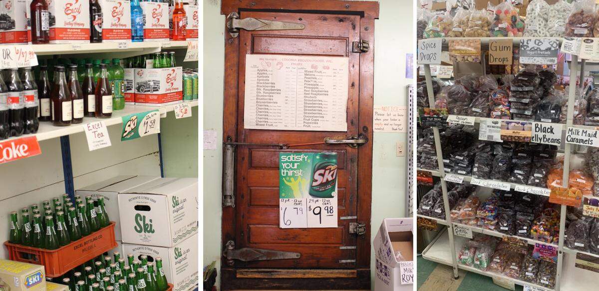 Left to right, a section for Excel Bottling Co. products, an antique door leading to the freezer and Christmas candy at Hellige’s Super Market & Lockers in Breese.