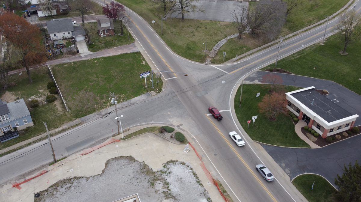This drone photo shows the intersection of South Belt East and Freeburg Avenue in Belleville in 2024. Officials have been planning to replace the four-way stop with a roundabout for nearly 15 years.
