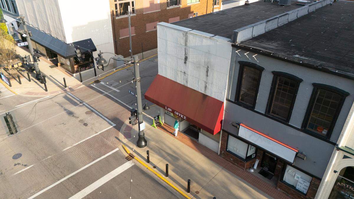 This drone photo shows the storefront at 30 E. Main St. (burgundy awning) that Belleville Elks Lodge #481 recently bought. It formerly housed the law offices of Williams, Caponi & Associates.
