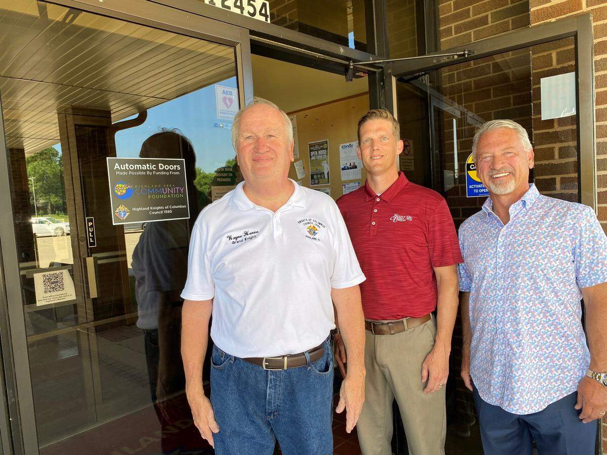 The Highland Knights of Columbus have recently completed their “accessible” door project at the KC Hall. The Knights, along with a $5,000 grant from the Highland Area Community Foundation, funded the project. Pictured by the door are, from left, Wayne Henze, past KC grand knight; Ryan Goodwin, foundation president; and Jeff Hebrank, past foundation president and grants chairman