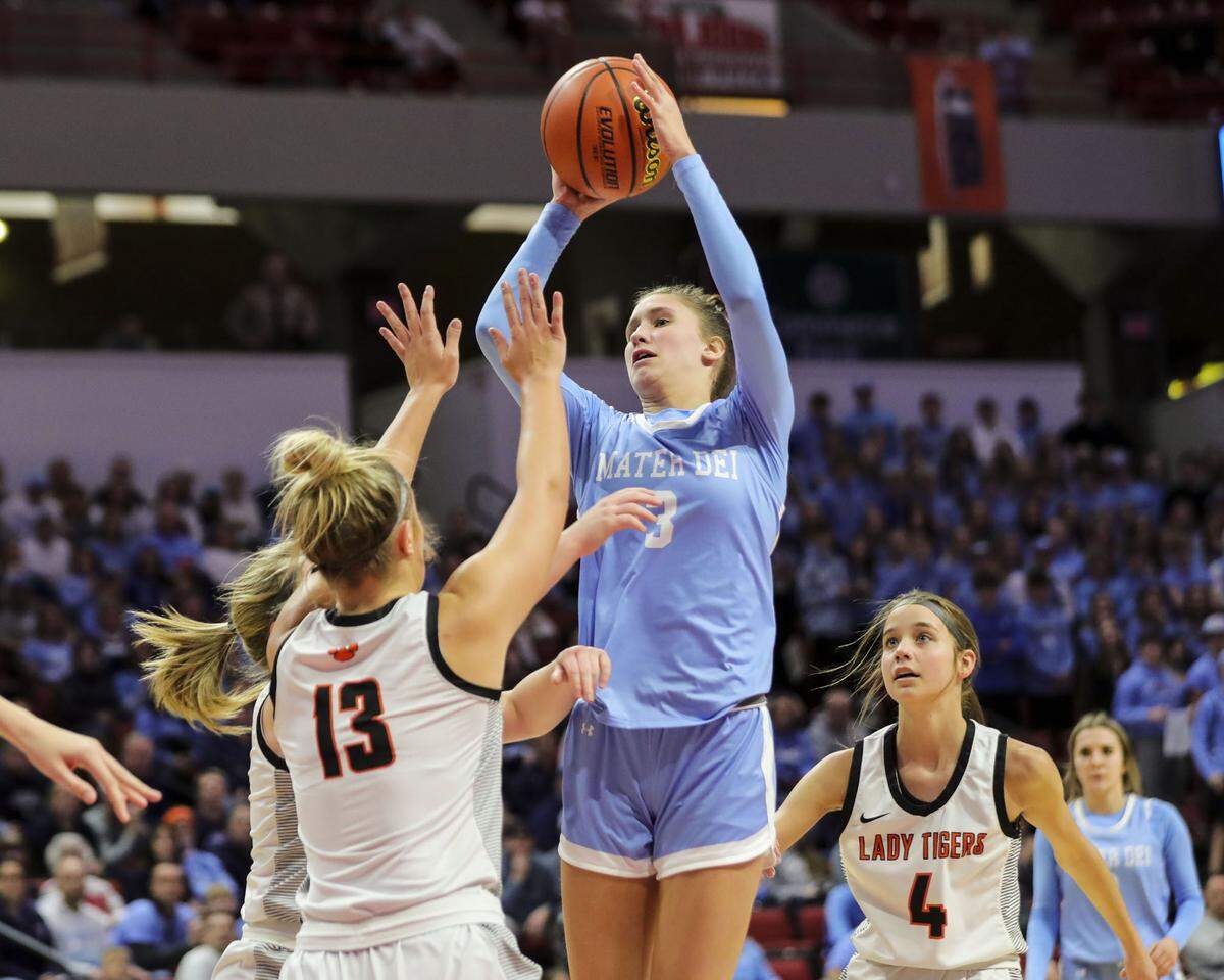 Mater Dei’s Maris Zurliene takes a shot during Saturday’s IHSA Class 2A state championship game at CEFCU Arena (formerly Redbird Arena) on the campus of Illinois State University. Mater Dei ultimately prevailed 62-46 to claim the state title.