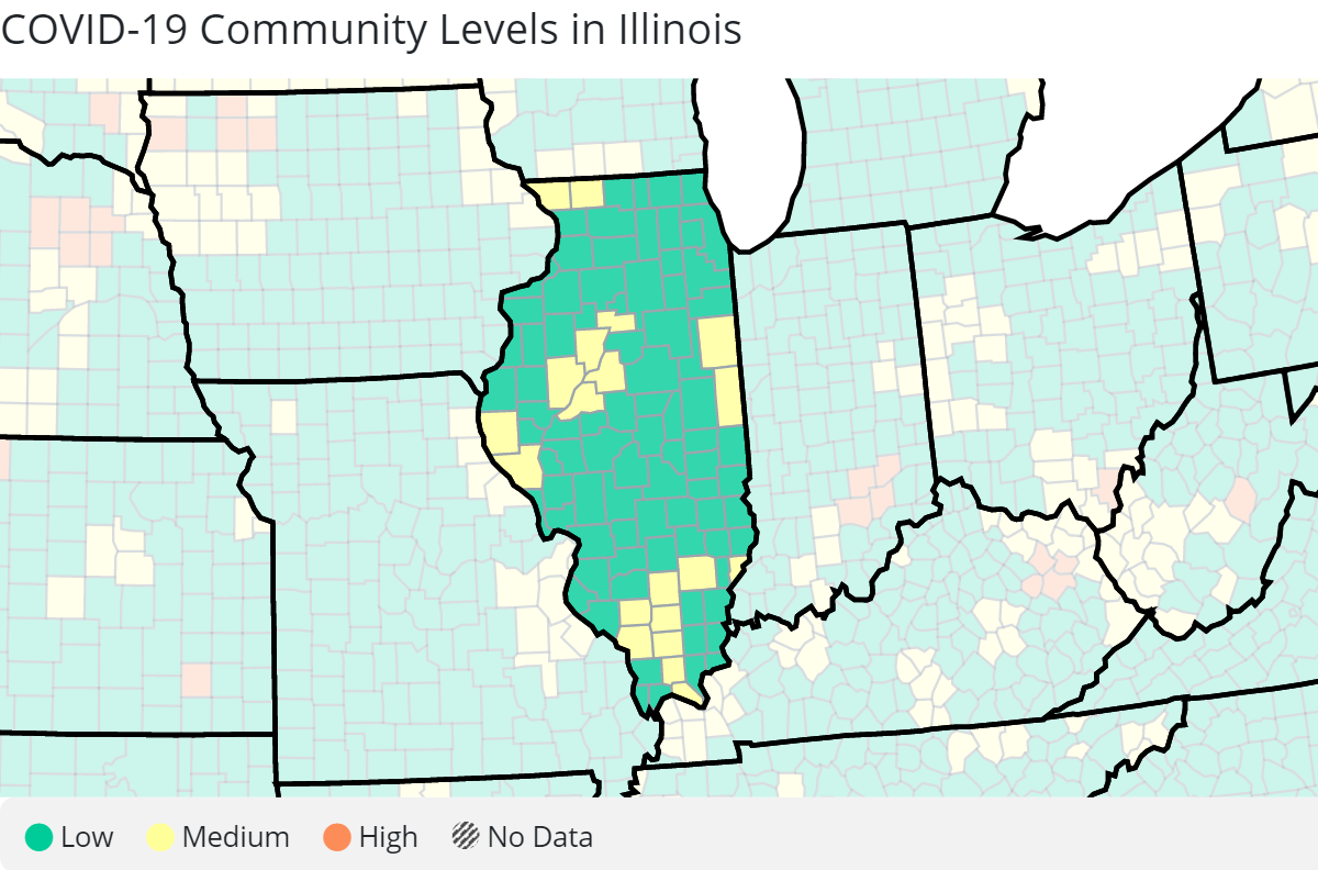 The U.S. Centers for Disease Control and Prevention rated 20 Illinois counties at a medium COVID-19 community level in the Feb. 23 update.