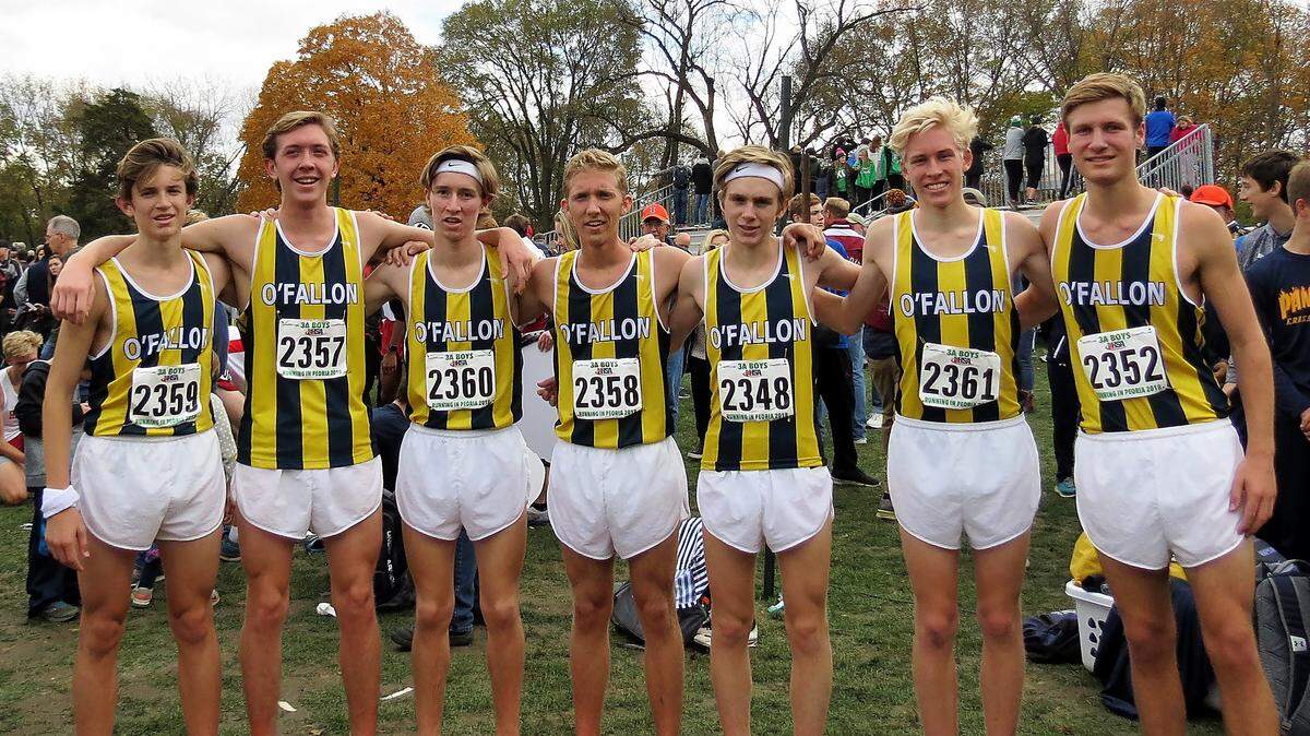 The O’Fallon Panthers placed 7th in the 3A State Meet. They include, left to right, David Tady, Jacob Ramirez, Will VanAlstine, Will Ray, Nick Edwards, Chris Wichlac, Brendan Krell.
