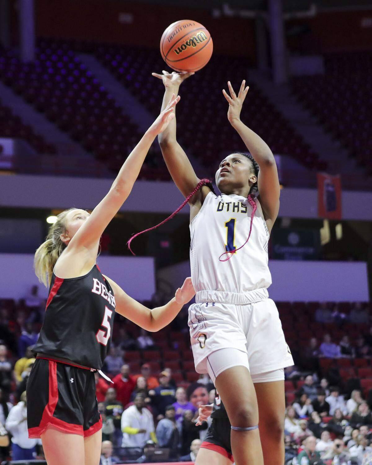 O’Fallon’s Jailah Pelly shoots the ball during Saturday’s IHSA Class 4A state championship game against Lisle Benet Academy at CEFCU Arena (formerly Redbird Arena) on the campus of Illinois State University. O’Fallon ultimately prevailed 62-57 to claim the state title.