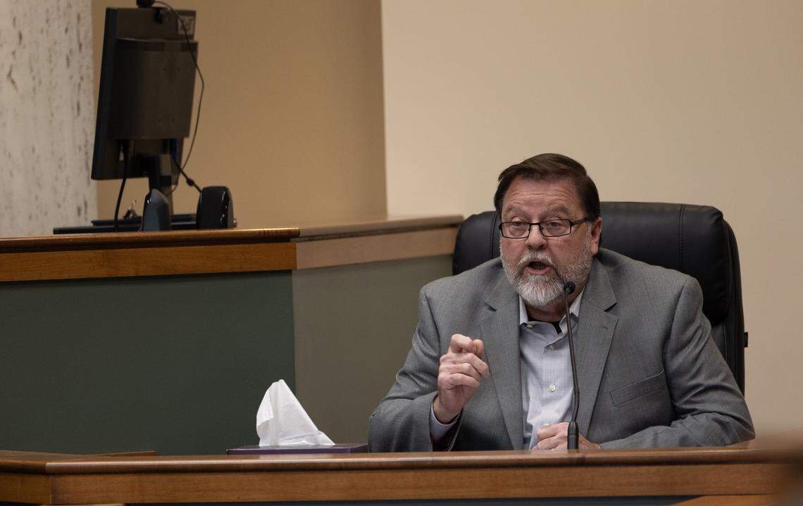 Bob Mueller reads a statement about the impact his stepdaughter Portia Rowland’s death has had on the family during the April 23, 2026, sentencing hearing for Gary D. Johnson, who was accused of first-degree murder in her death. Mueller called for the maximum sentence.