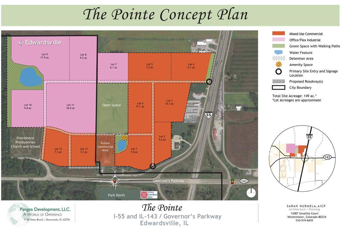 Pangea Development Co. released this conceptual site plan of The Pointe, which would include 149 acres northwest of the Interstate 55 and Illinois 143 interchange.