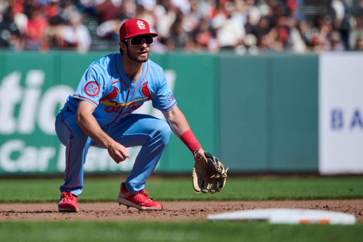Sep 28, 2024; San Francisco, California, USA; St. Louis Cardinals third baseman Thomas Saggese (25) plays his position against the San Francisco Giants during the fifth inning at Oracle Park. Mandatory Credit: Robert Edwards-Imagn Images