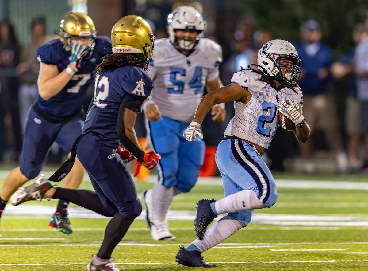 September 13, 2024 - Belleville, IL - Belleville East Devon Taylor (21) carries the ball during a boys football game between Althoff and Belleville East on Friday Sept 13, 2024 at SWIC Southwestern in Belleville IL. [Photo: Jimmy Simmons]