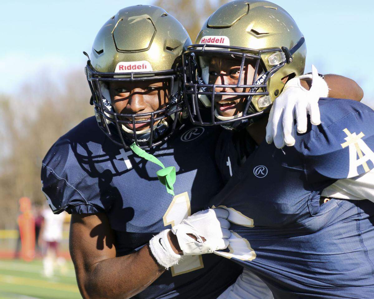 Althoff’s Charleston Coldon and Jordan Lewis celebrate as the clock winds down during an IHSA Class 2A second round playoff game against Red Bud. The Crusaders prevailed 26-14 and now advance to the quarterfinal round.