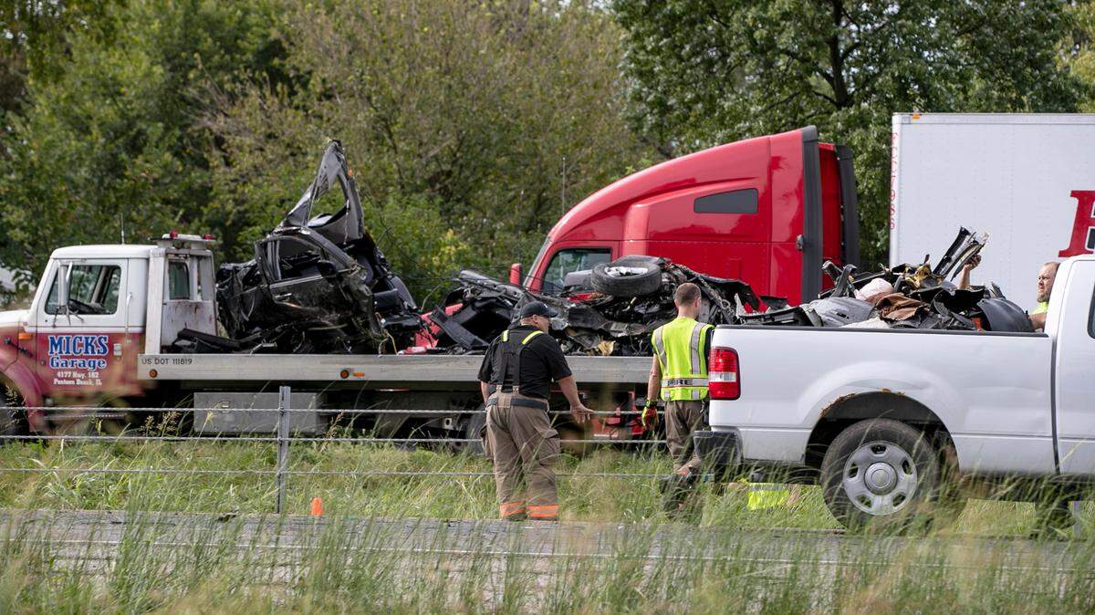 This is the crash scene on westbound Interstate 270 in Madison County on Wednesday morning where one person died and another was seriously injured. The westbound lanes were shut down.