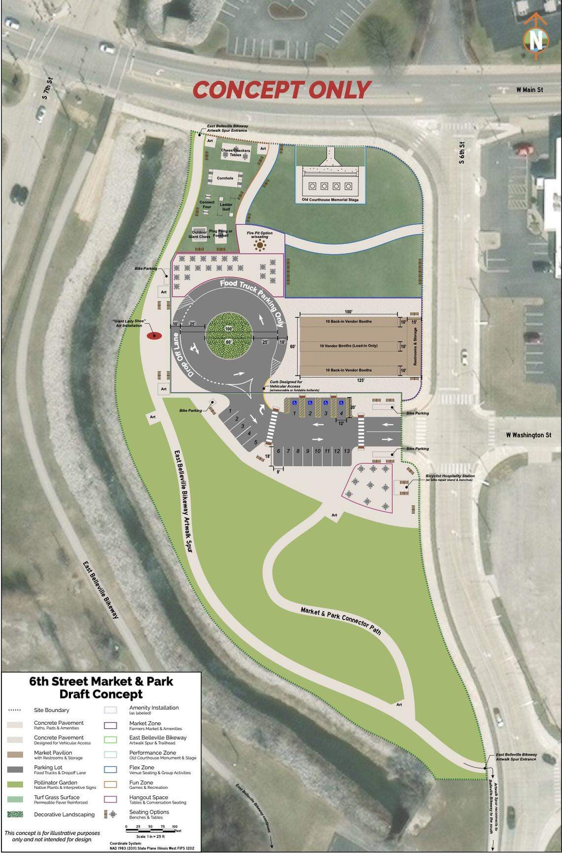 This is one of two conceptual renderings the city of Belleville received for a proposed park off the 600 block of West Main Street. In this view, the design calls for a stage featuring stone columns from the former St. Clair County Courthouse and spaces for food trucks and an outdoor farmers market.