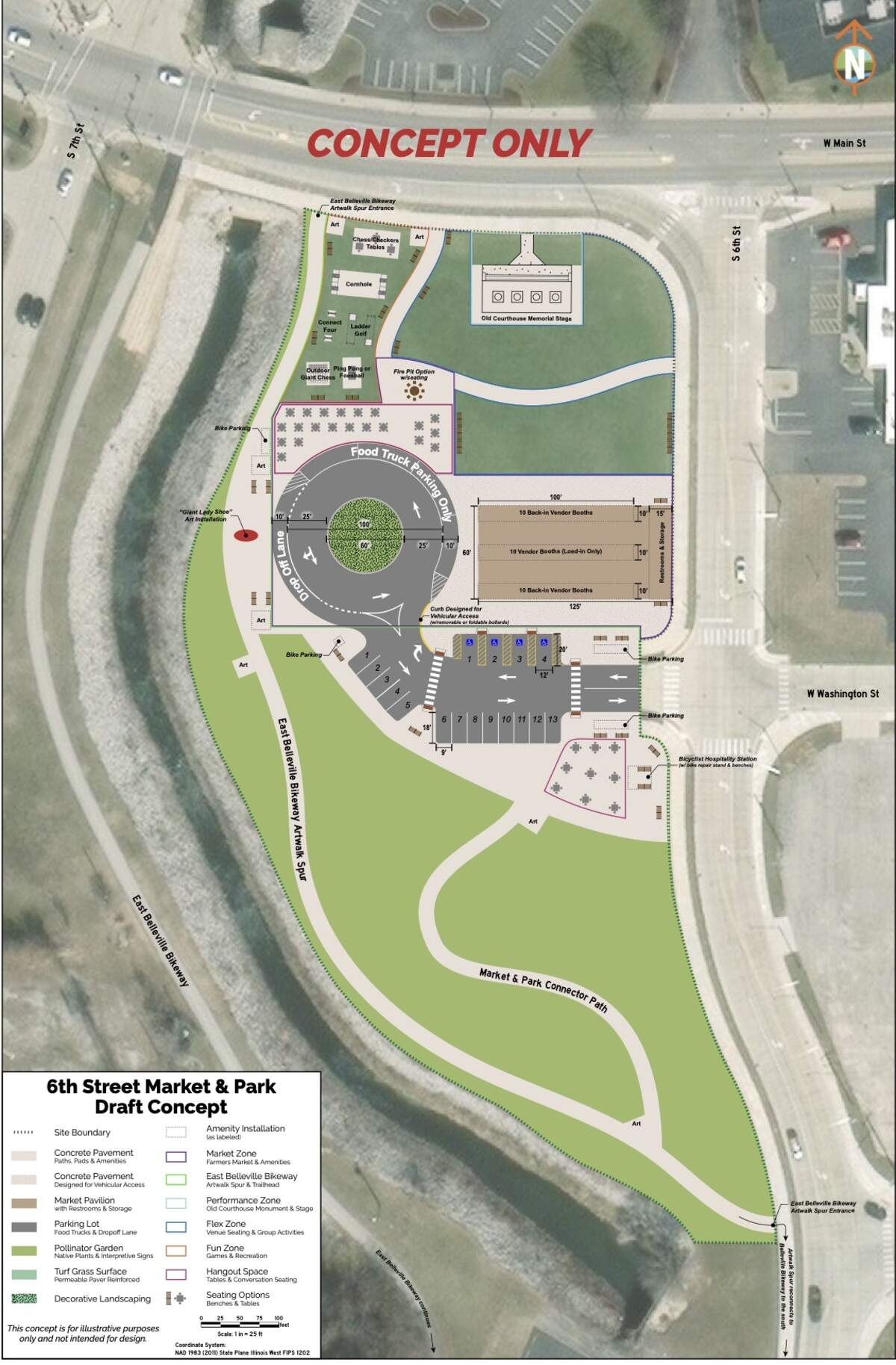This is one of two conceptual renderings the city of Belleville received for a proposed park off the 600 block of West Main Street. In this view, the design calls for a stage featuring stone columns from the former St. Clair County Courthouse and spaces for food trucks and an outdoor farmers market.