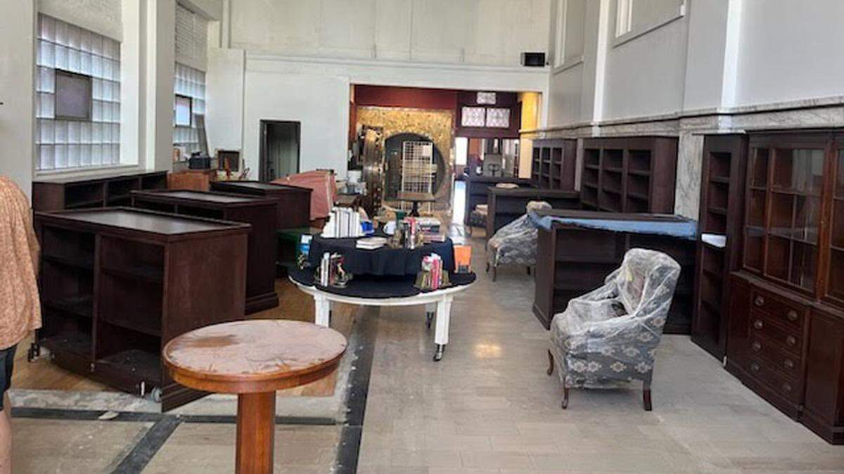 View of Belleville Books from the front of the store after the shelving arrived