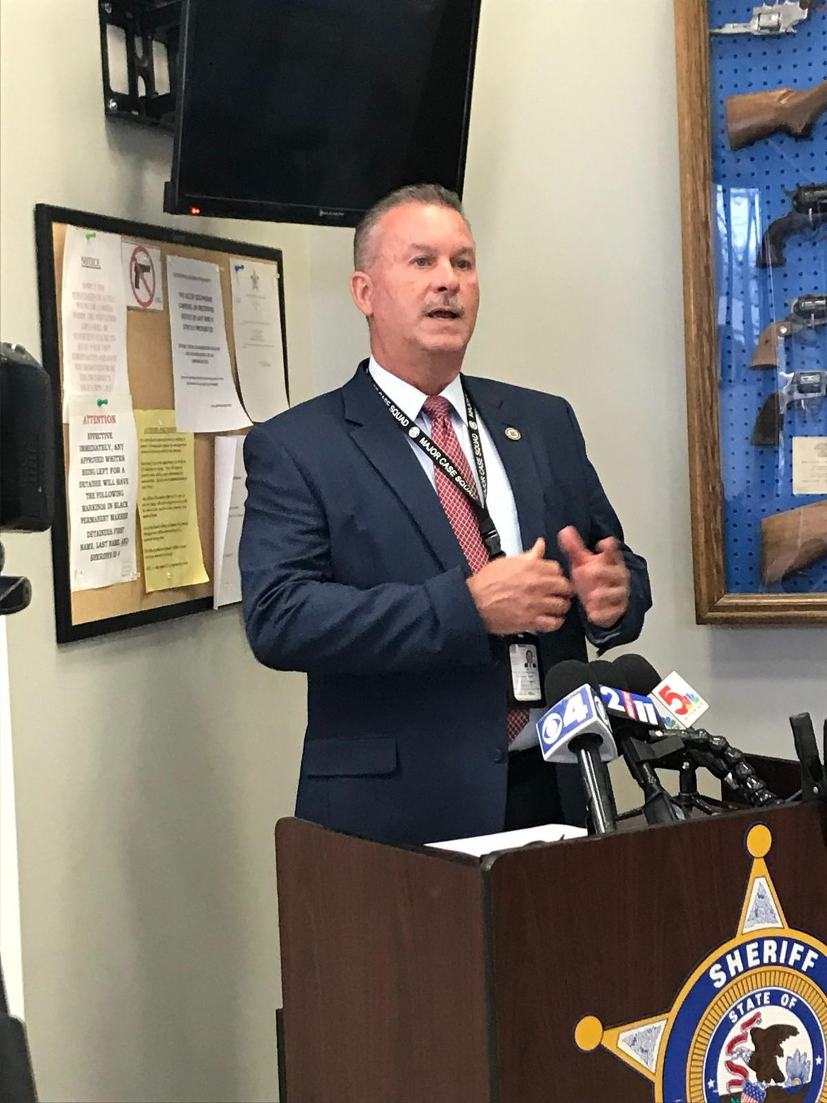 Maj. Jeff Connor, chief deputy sheriff with the Madison County Sheriff’s Department, on Sunday afternoon explains the details of the double homicide that took place Saturday in Collinsville.