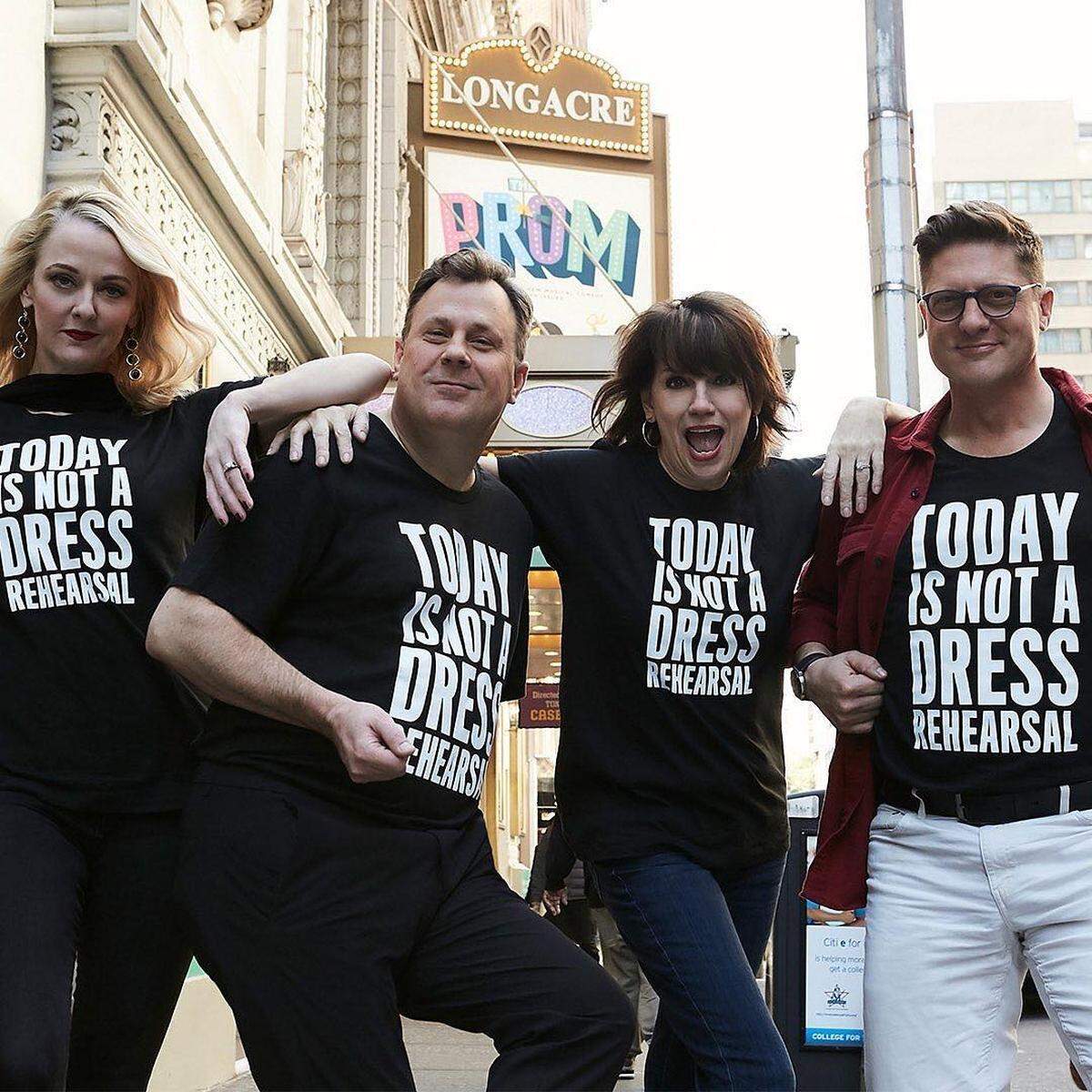 The four leads in “Today is Not a Dress Rehearsal” T-shirts, from left: Angie Schworer; Brooks Ashmanskas, two-time Tony nominee; Beth Leavel, Tony winner and Muny favorite; and Christopher Sieber, two-time Tony nominee and Muny favorite.