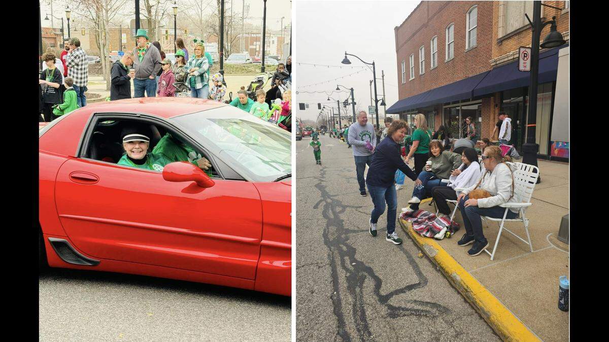 Mayor Patty Gregory rides in Belleville’s St. Patrick’s Day Parade on March 15, left. At right, City Clerk Jenny Gain Meyer passes out candy with Illinois Rep. Jay Hoffman. Meyer is challenging Gregory in the mayoral election, which will be held April 1.