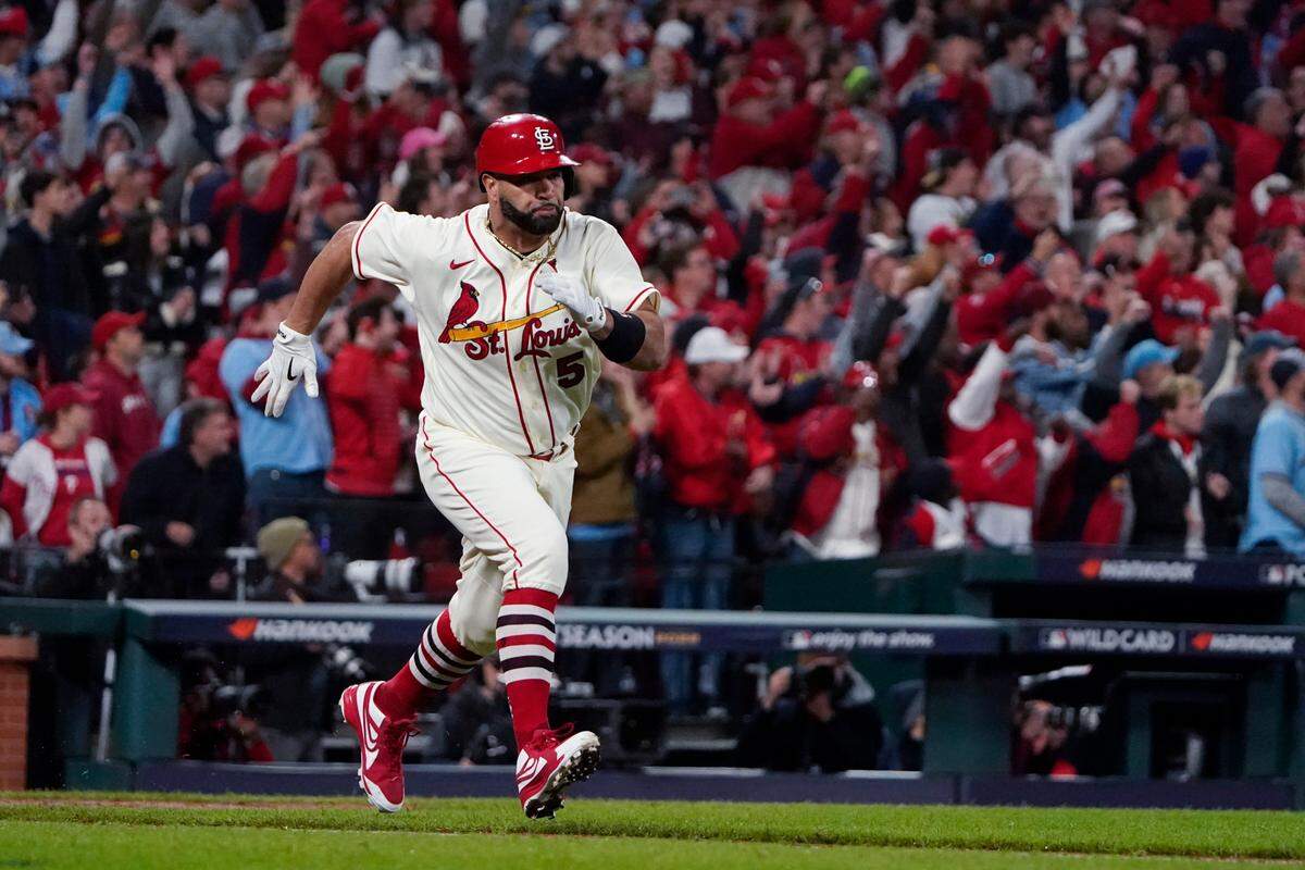 St. Louis Cardinals icon Albert Pujols runs to first base after hitting a single against the Philadelphia Phillies during the eighth inning of Game 2 of an NL wild-card baseball playoff series in October. Belleville News-Democrat Cardinals columnist Jeff Jones said he feels thankful for the opportunity to have covered the now-retired Pujols.