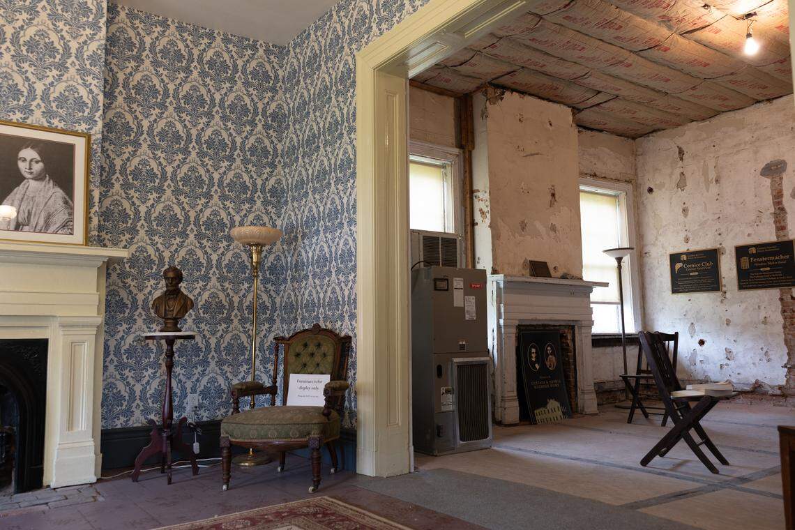 This photo shows the contrast between the formal parlor, left, and the family parlor of the Gustave Koerner House in Belleville. The former has been restored to its 1870s appearance.