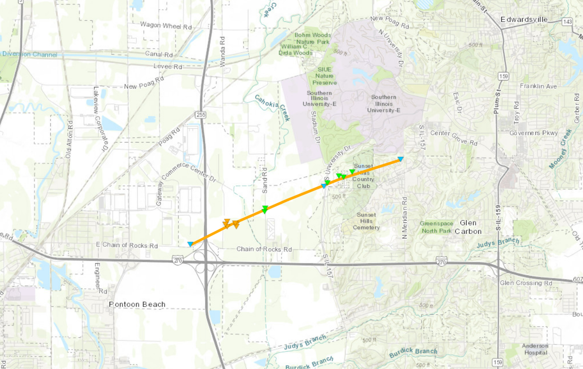 This map shows the path of a tornado that destroyed an Amazon warehouse in Edwardsville.