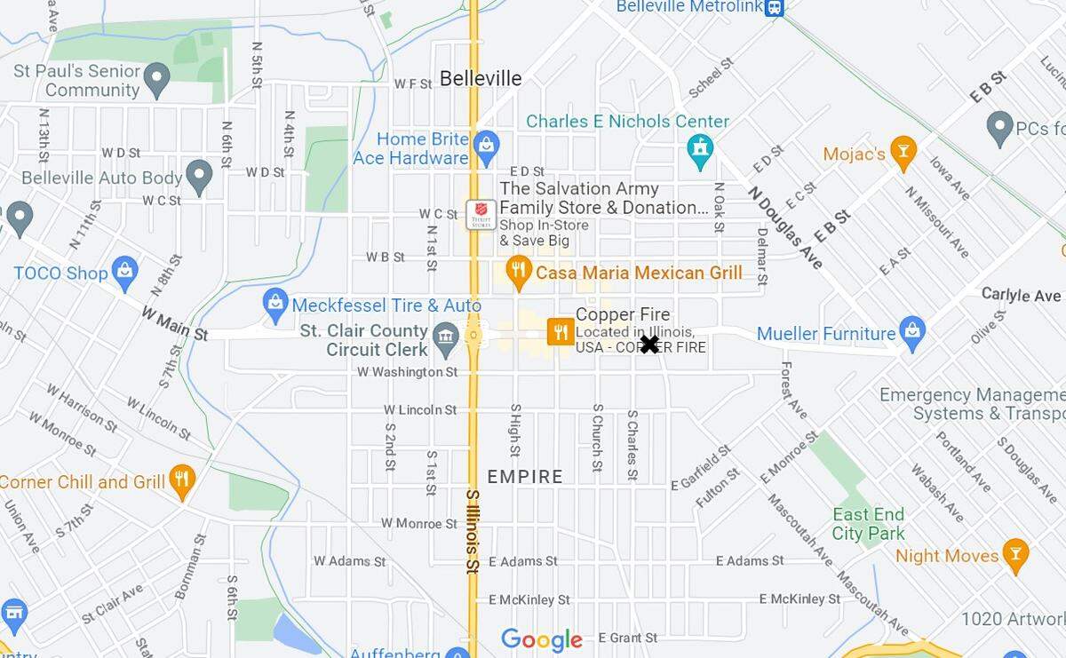 An X marks the location of Ever and Anon Park at East Main Street and Mascoutah Avenue in Belleville. It was created in 2000 as something of an entrance to Old Belleville Historic District.