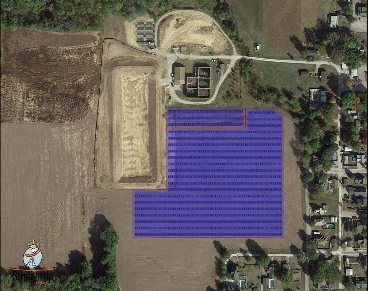 This artist’s rendering shows Marissa’s wastewater-treatment plant and retention pond, top and left, and two solar farms, totaling 16 acres, that are planned for the southeast corner of village property.