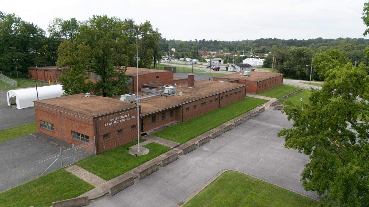 This drone photo shows the former Pfc. Raymond Gantner Army Reserve Center at 500 South Belt East in Belleville. The U.S. military vacated it about five years ago.