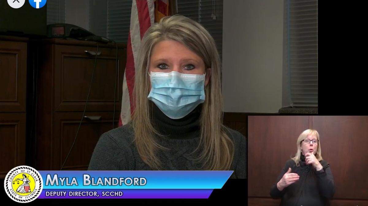 Myla Blandford, deputy director of St. Clair County Health Department, answers questions from viewers of a livestreamed COVID-19 briefing hosted Sunday on the Emergency Management Agency’s Facebook page.