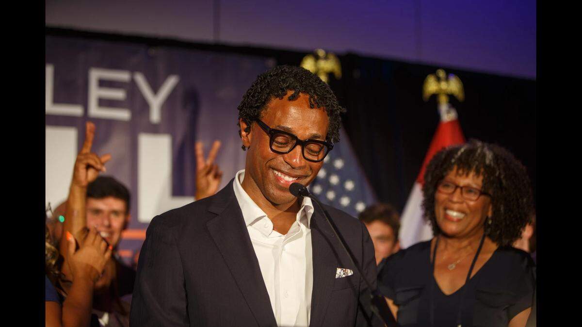 St. Louis County Prosecutor Wesley Bell reacts after learning he unseated incumbent U.S. Rep. Cori Bush, D-St. Louis, on Tuesday night during a campaign watch party at the Marriot in downtown St. Louis.