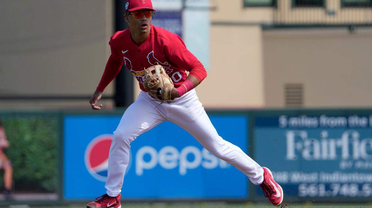 St. Louis Cardinals shortstop Masyn Winn takes up his position during the first inning of a spring training baseball game against the Houston Astros in March. Winn may crack the big league roster after Tuesday, when the Cardinals are bound to make some deadline trades.