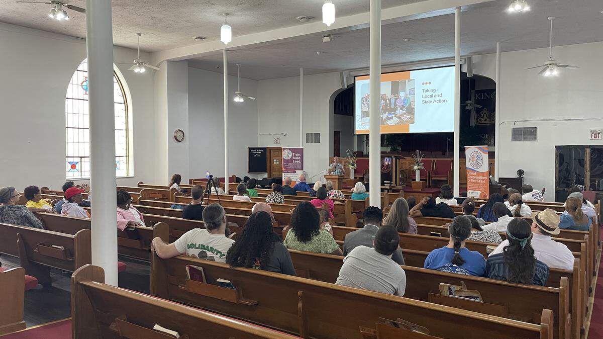 About 40 people listen to a conversation about the potential for data center proposals in East St. Louis and Cahokia Heights during a town hall April 25, 2026, at Southern Mission Missionary Baptist Church.