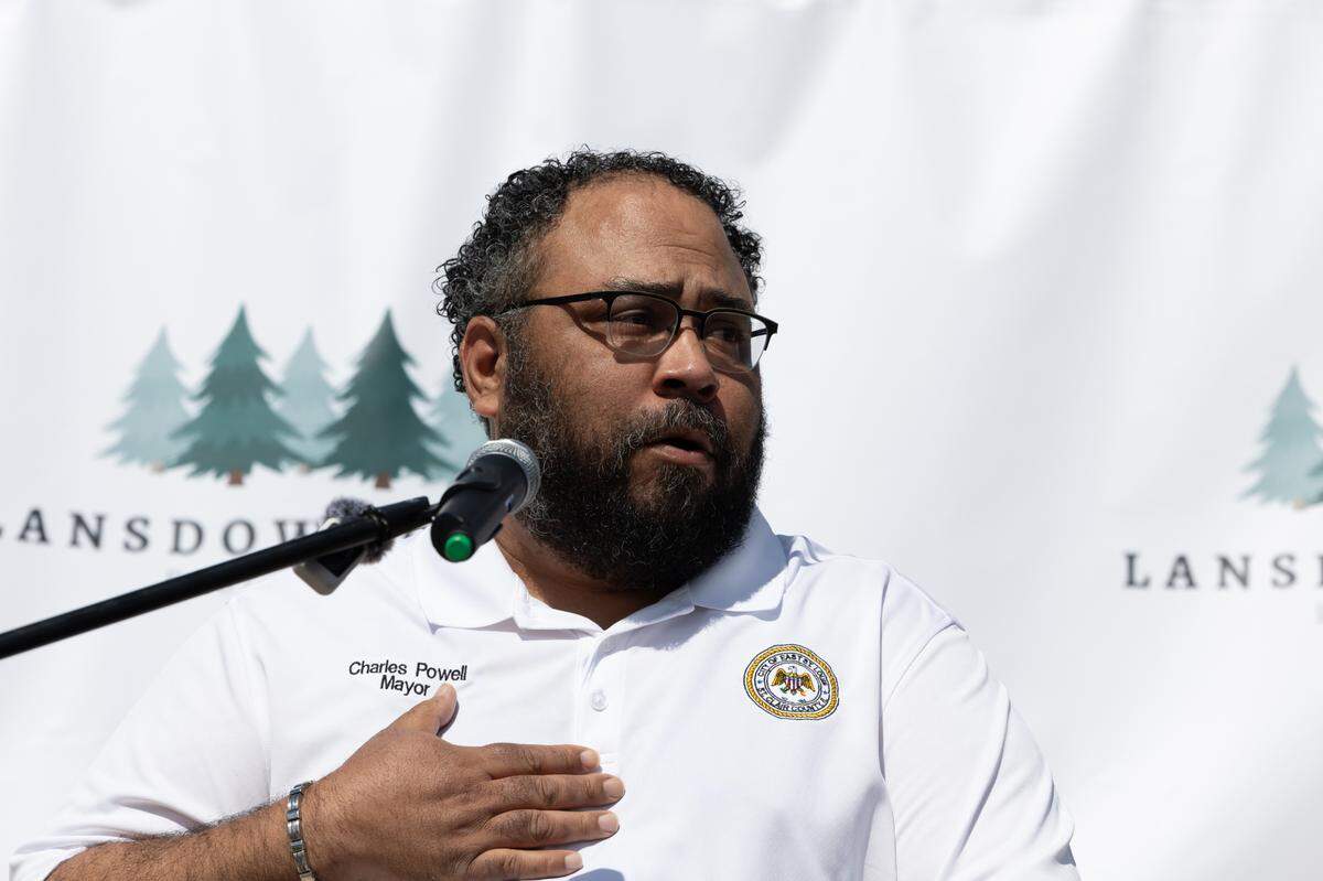 East St. Louis Mayor Charles Powell III speaks to investors, politicians, press and residents during the opening of the new Lansdowne Park subdivision in East St. Louis, Ill. on May 4, 2024.