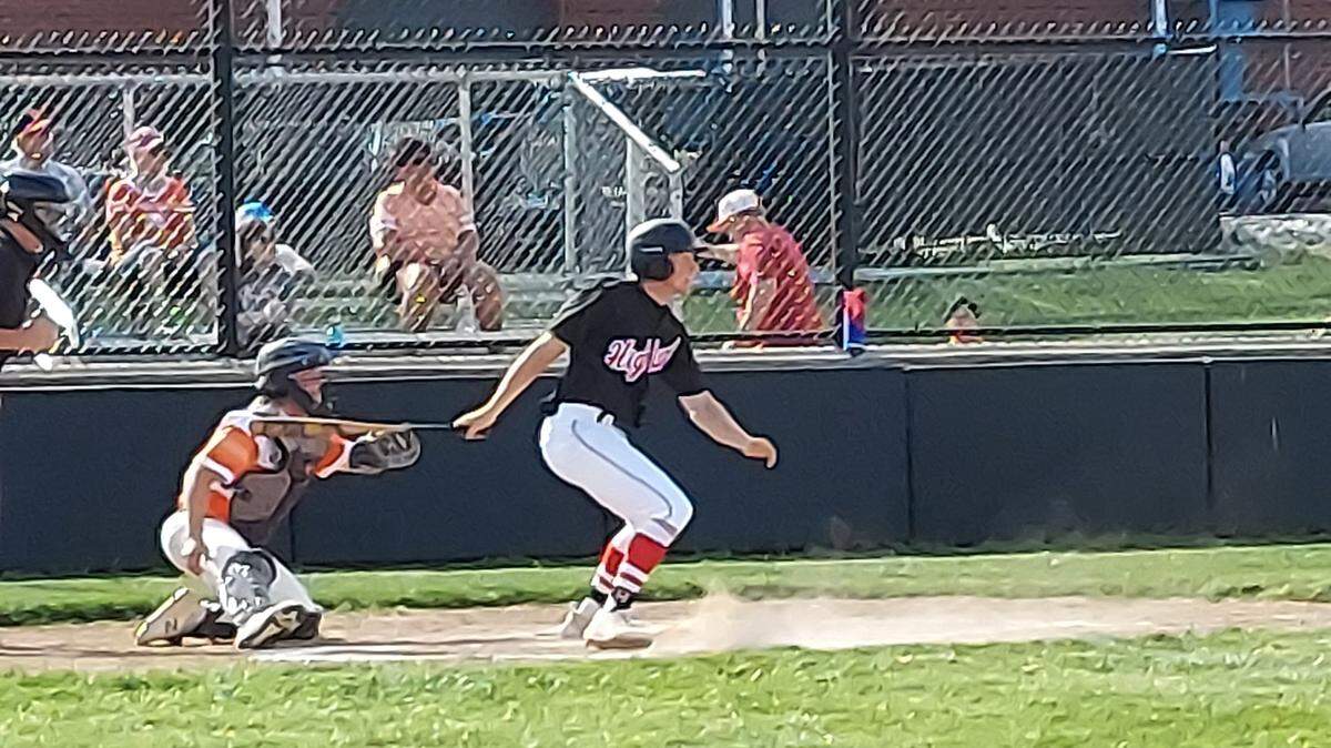Highland junior outfielder Jake Ottensmeier rips a double to left field during a Mississippi Valley Conference game at Waterloo High School on April 19. In more recent action, Ottensmeier helped the Bulldogs defeat host Jerseyville 6-2 in an IHSA Class 3A regional semifinal game Wednesday, May 24.