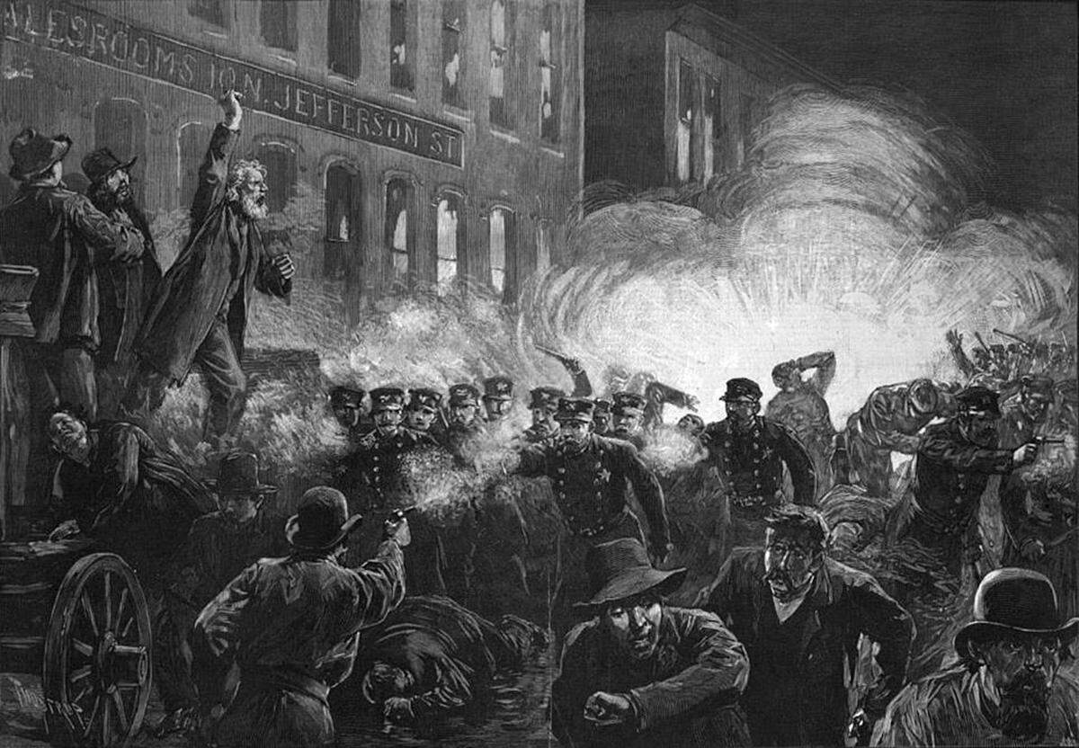 This 1886 engraving was the most widely reproduced image of the Haymarket Affair. It shows Methodist pastor Samuel Fielden speaking, the bomb exploding, and the riot beginning simultaneously. In reality, Fielden had finished speaking before the explosion.