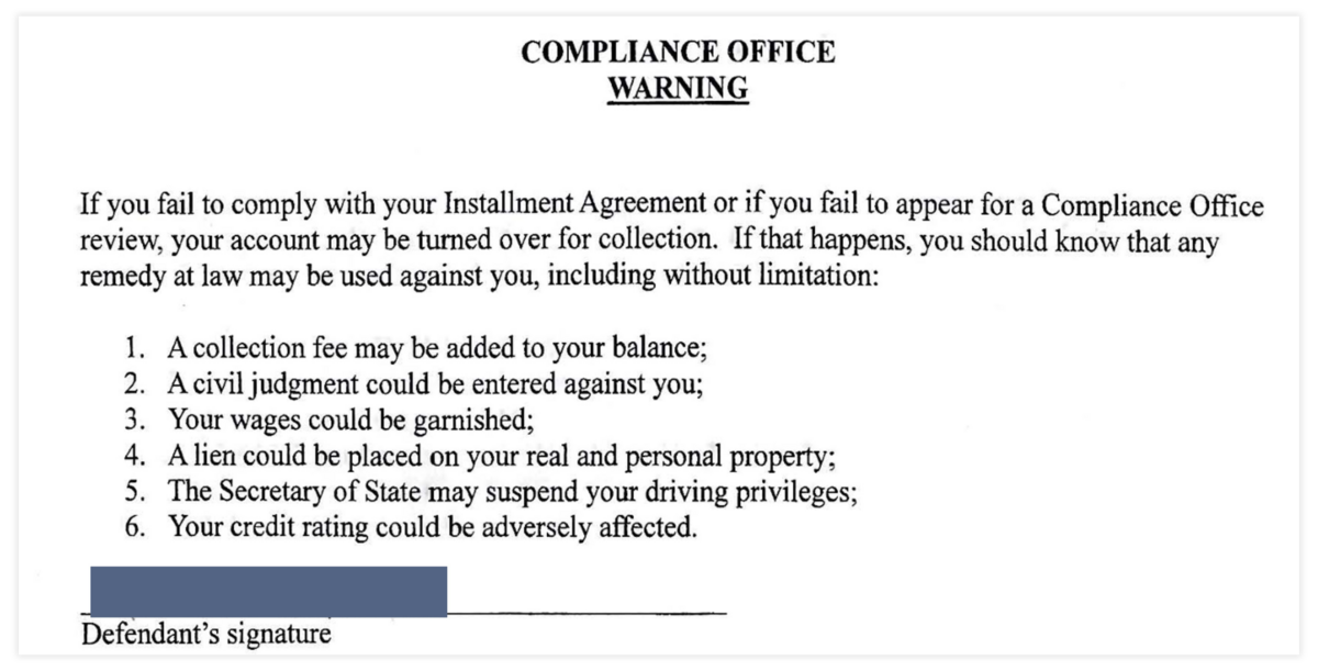Students in Tazewell County typically sign agreements setting up a payment plan for the fines and fees that come with their tickets, including a document that warns of the penalties for nonpayment.