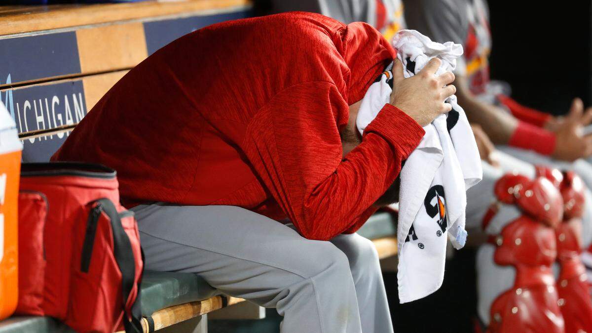Pitcher Austin Gomber sits on the bench in the sixth inning of a game in Detroit on Sept. 7. He’s part of a deep staff that will return to St. Louis in 2019.